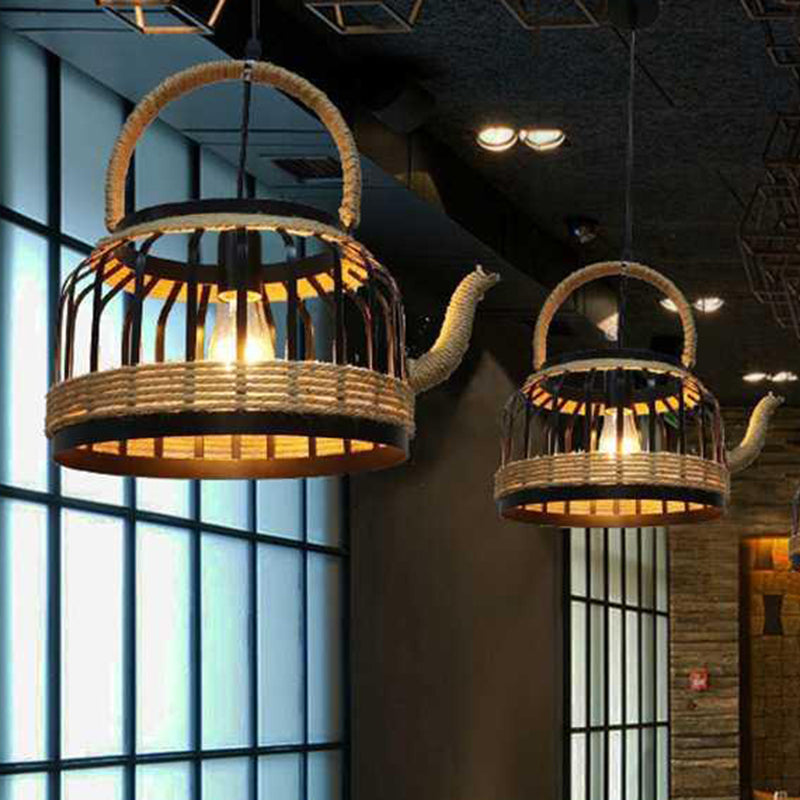 Tea Kettle Shaped Retro Hemp Rope Design Hanging Light 16" Wide Industrial Style 1-Light Suspended Lighting Fixture