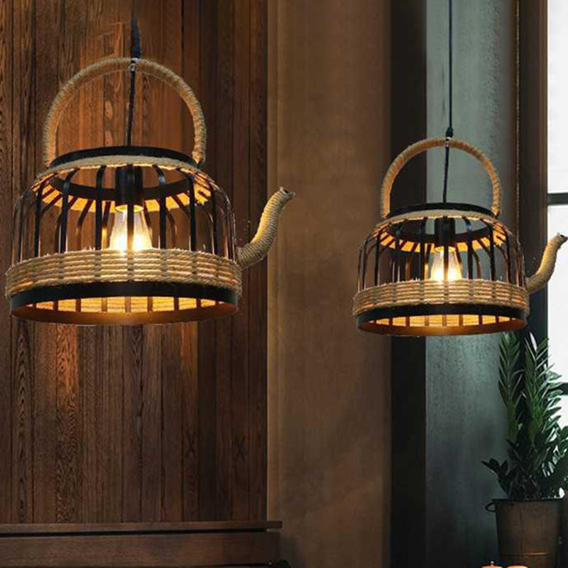 Tea Kettle Shaped Retro Hemp Rope Design Hanging Light 16" Wide Industrial Style 1-Light Suspended Lighting Fixture