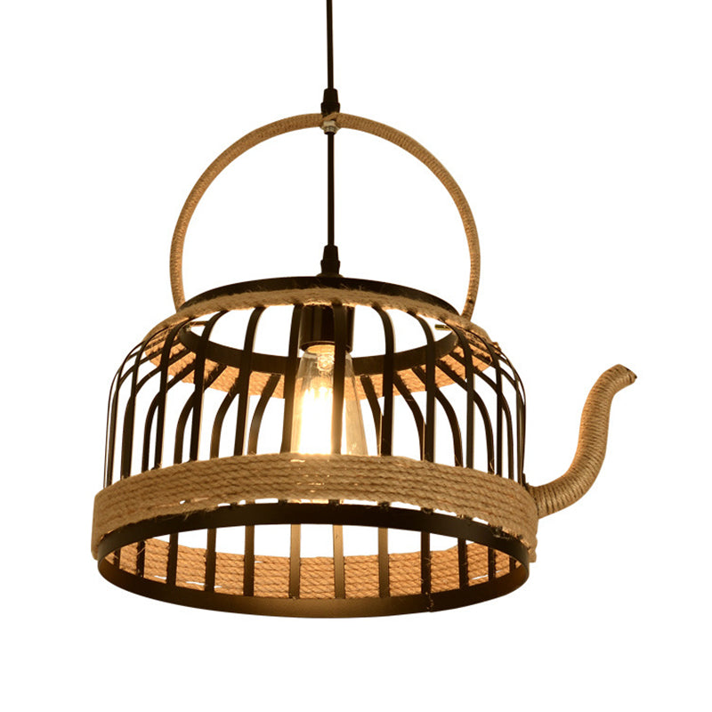 Tea Kettle Shaped Retro Hemp Rope Design Hanging Light 16" Wide Industrial Style 1-Light Suspended Lighting Fixture