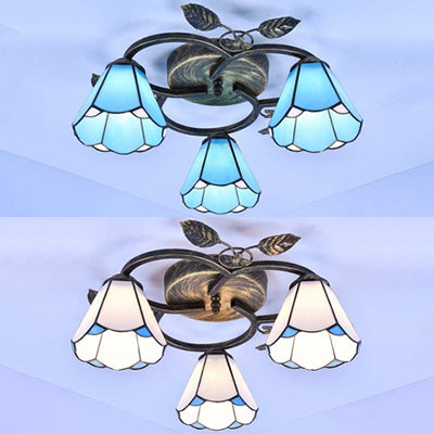 Conic Shape Ceiling Light Tiffany Stained Glass 3 Lights Flush Mount Ceiling Fixture in White/Blue for Living Room