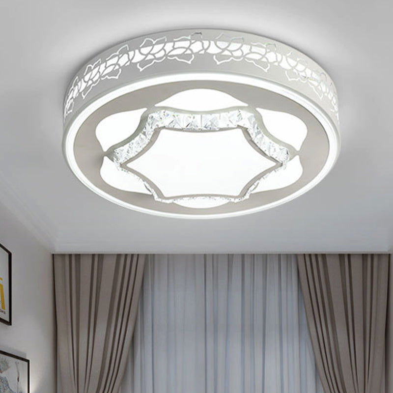 White Drum Flush Mount Fixture Contemporary Acrylic LED Living Room Flush Ceiling Light in White/3 Color/Remote Control Stepless Dimming with Flower Pattern