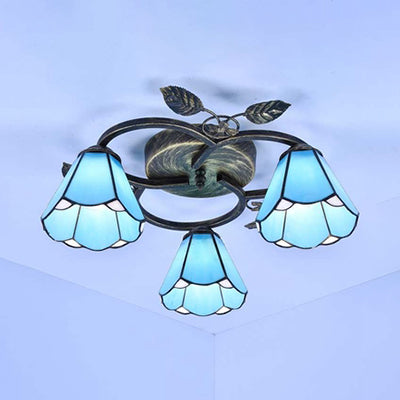 Conic Shape Ceiling Light Tiffany Stained Glass 3 Lights Flush Mount Ceiling Fixture in White/Blue for Living Room