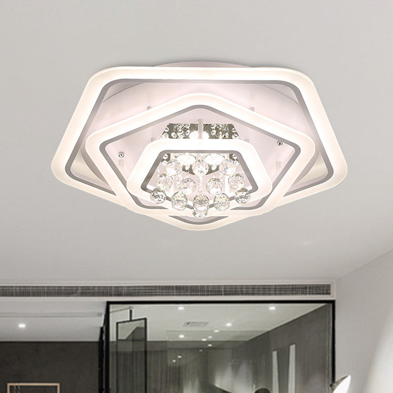 Pentagon Crystal Ball Flush Mount Light Modernism White 19.5"/23.5"/27.5" Wide LED Ceiling Fixture in Warm/White Light