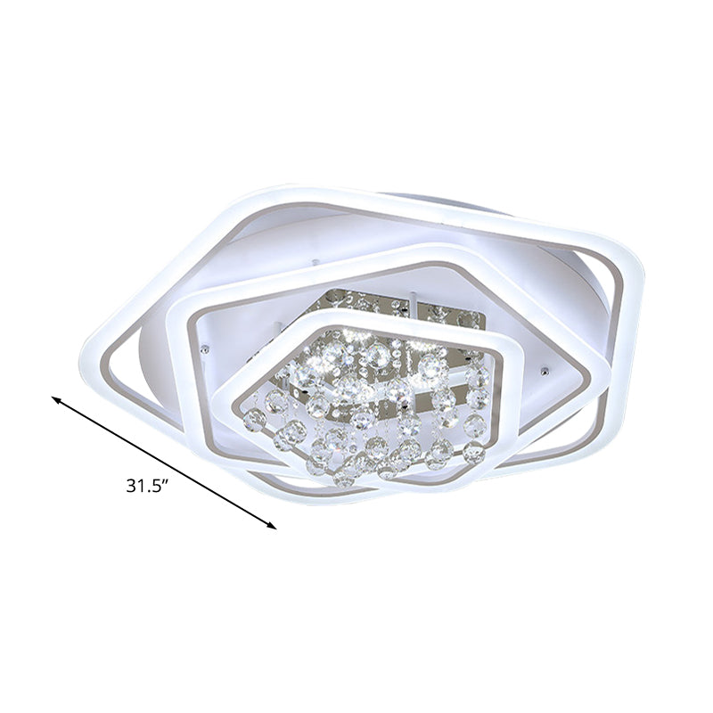 Pentagon Crystal Ball Flush Mount Light Modernism White 19.5"/23.5"/27.5" Wide LED Ceiling Fixture in Warm/White Light