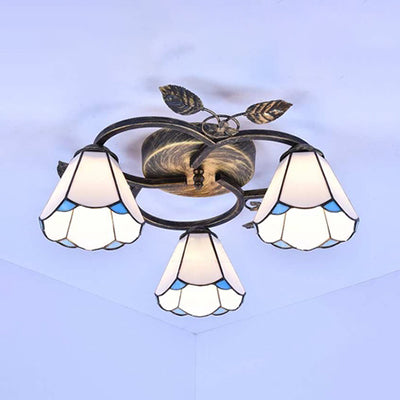 Conic Shape Ceiling Light Tiffany Stained Glass 3 Lights Flush Mount Ceiling Fixture in White/Blue for Living Room