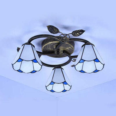 Conic Shape Ceiling Light Tiffany Stained Glass 3 Lights Flush Mount Ceiling Fixture in White/Blue for Living Room