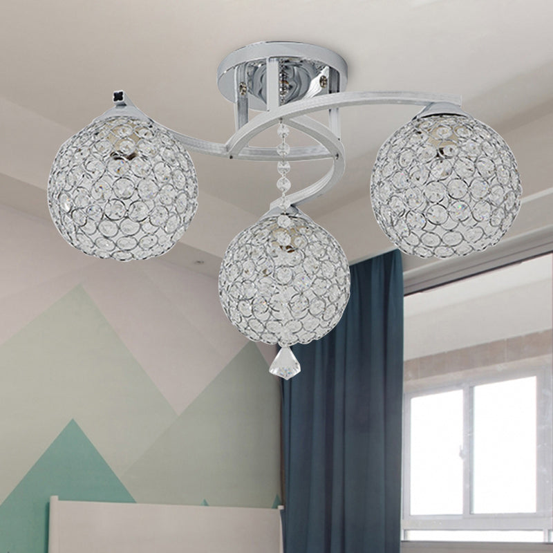 3/5 Lights Globe Semi Flush Light Fixture Simple Chrome Crystal Semi-Flush Mount for Living Room