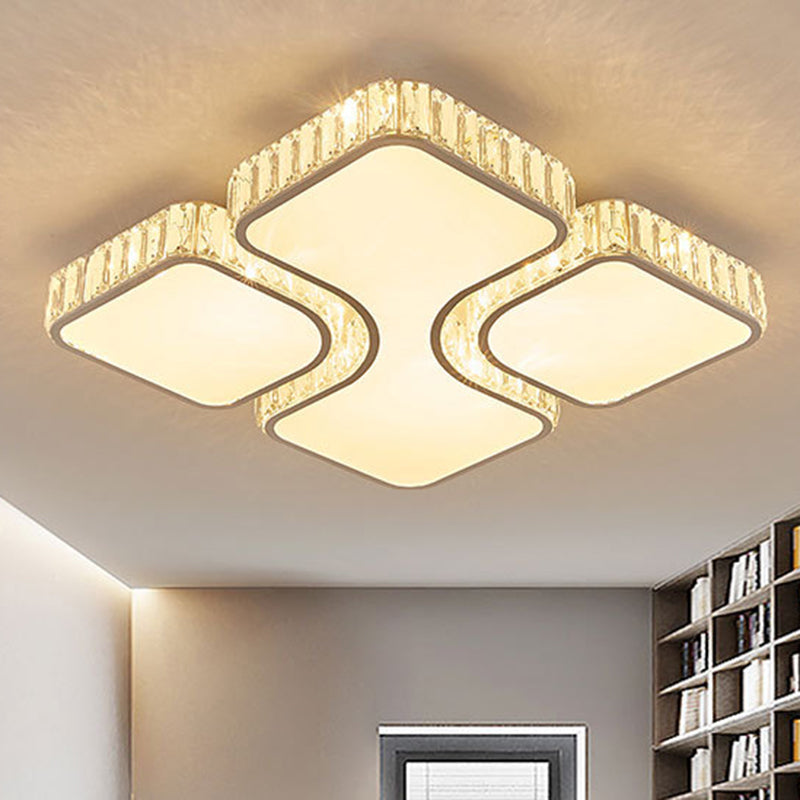 Geometrische Kristallblock-Deckenleuchte, modernes Weiß, 16"/16,5"/35,5" W LED-Einbauleuchte in Weiß/3-Farben-Licht