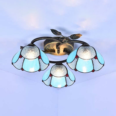 Industrial Vintage Bowl Ceiling Light Stained Glass 3 Lights Flushmount Ceiling Light in Blue/Clear for Bedroom