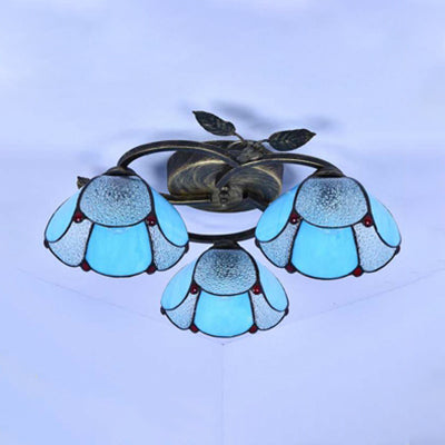 Industrial Vintage Bowl Ceiling Light Stained Glass 3 Lights Flushmount Ceiling Light in Blue/Clear for Bedroom