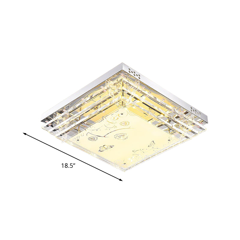 Modern LED Flush Mount Light White Rectangle/Square Flush Mount Light with Crystal Rod and Acrylic Shade, 18.5"/23.5"/36.5" Wide