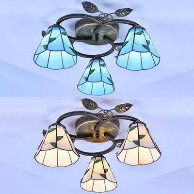 Conic Shape Ceiling Light Tiffany Stained Glass 3 Lights Flush Mount Ceiling Fixture with Leaf Decoration in Beige/Blue