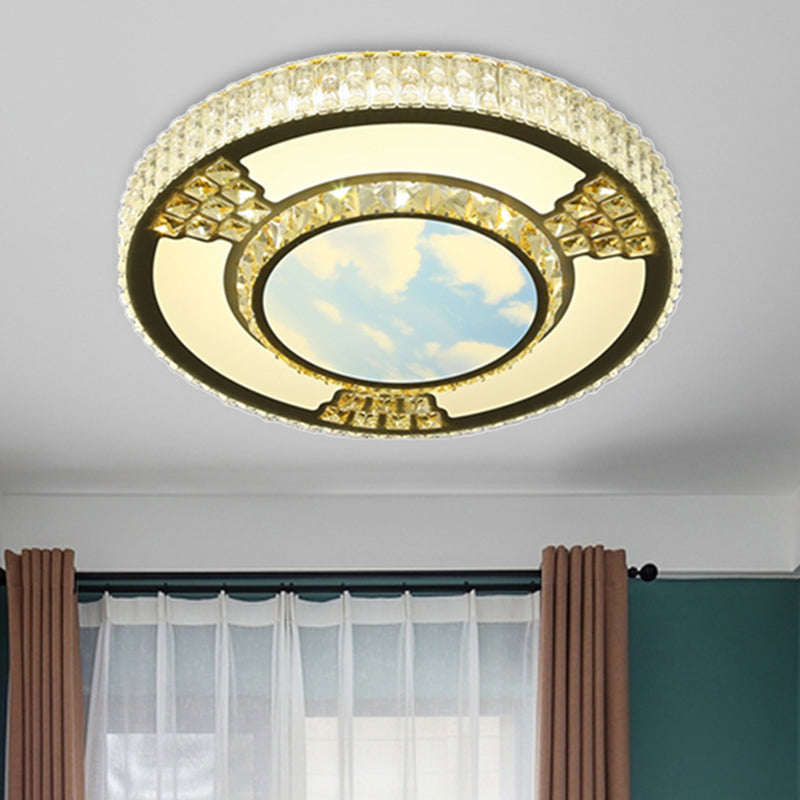 LED Living Room Flush Ceiling Light Simple White Flush Mount  Lamp with Round Crystal Shade