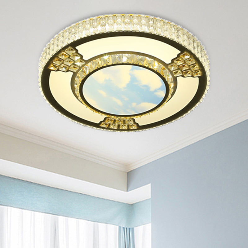 LED Living Room Flush Ceiling Light Simple White Flush Mount  Lamp with Round Crystal Shade