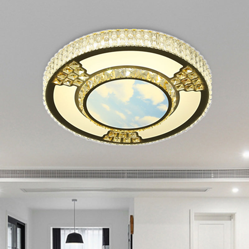 LED Living Room Flush Ceiling Light Simple White Flush Mount  Lamp with Round Crystal Shade