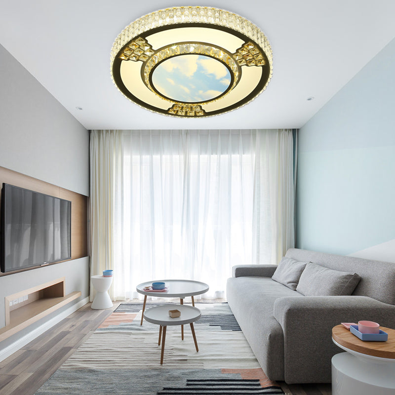 LED Woonkamer Flush Plafond Licht Eenvoudige Witte Flush Mount Lamp met Ronde Kristal Shade