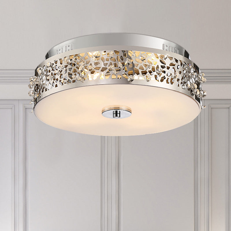 Silver Drum Flushmount Lighting Simple Style Crystal 4 Lights Bedroom Flush Ceiling Light