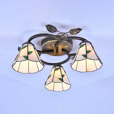 Conic Shape Ceiling Light Tiffany Stained Glass 3 Lights Flush Mount Ceiling Fixture with Leaf Decoration in Beige/Blue