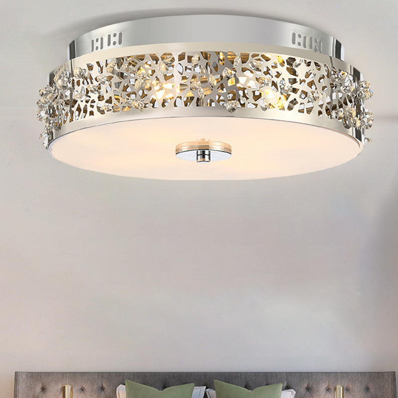 Silver Drum Flushmount Lighting Simple Style Crystal 4 Lights Bedroom Flush Ceiling Light