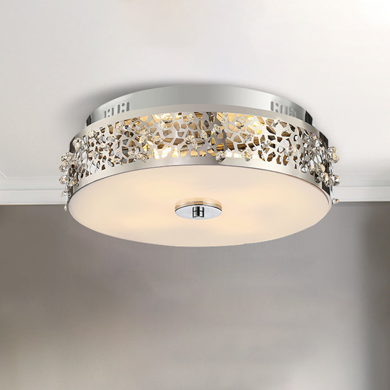 Silver Drum Flushmount Lighting Simple Style Crystal 4 Lights Bedroom Flush Ceiling Light