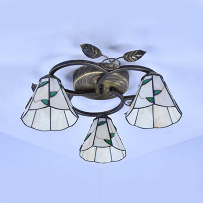 Conic Shape Ceiling Light Tiffany Stained Glass 3 Lights Flush Mount Ceiling Fixture with Leaf Decoration in Beige/Blue