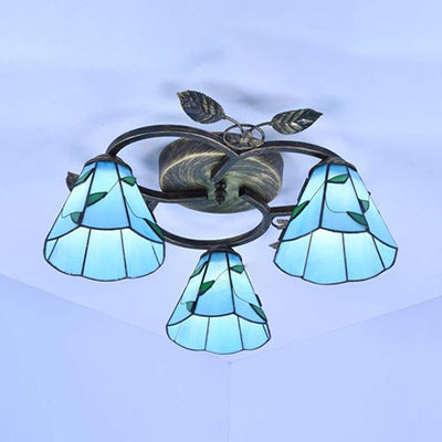 Conic Shape Ceiling Light Tiffany Stained Glass 3 Lights Flush Mount Ceiling Fixture with Leaf Decoration in Beige/Blue