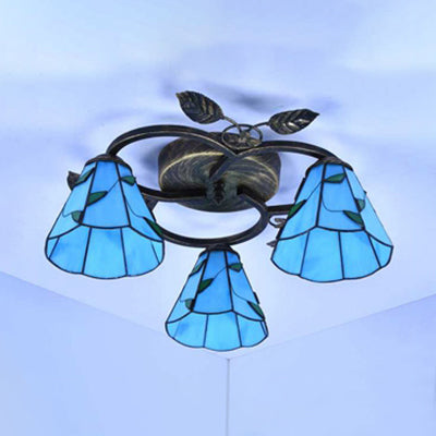 Conic Shape Ceiling Light Tiffany Stained Glass 3 Lights Flush Mount Ceiling Fixture with Leaf Decoration in Beige/Blue