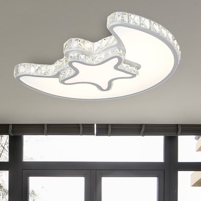 LED Bedroom Ceiling Light Fixture Modern White Flush Mount with Star Moon Crystal Shade