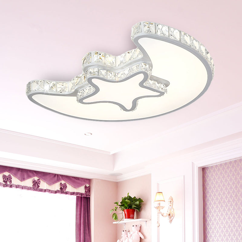 LED Bedroom Ceiling Light Fixture Modern White Flush Mount with Star Moon Crystal Shade