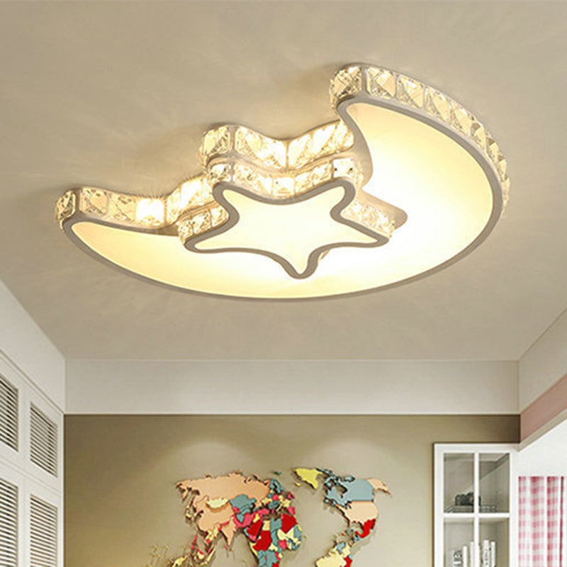 LED Bedroom Ceiling Light Fixture Modern White Flush Mount with Star Moon Crystal Shade