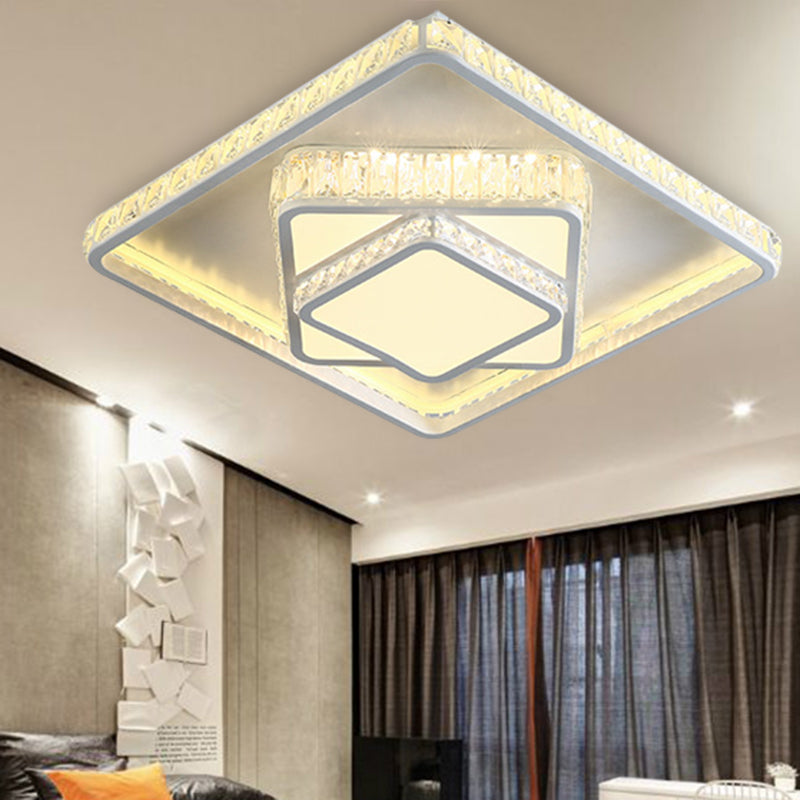 White Rectangle/Square Ceiling Light Minimalist Faceted Crystal White 19.5"/23.5" W LED Flush Mount Light Fixture in White/3 Color/Remote Control Stepless Dimming Light