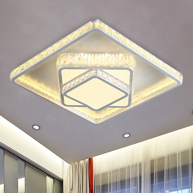 White Rectangle/Square Ceiling Light Minimalist Faceted Crystal White 19.5"/23.5" W LED Flush Mount Light Fixture in White/3 Color/Remote Control Stepless Dimming Light