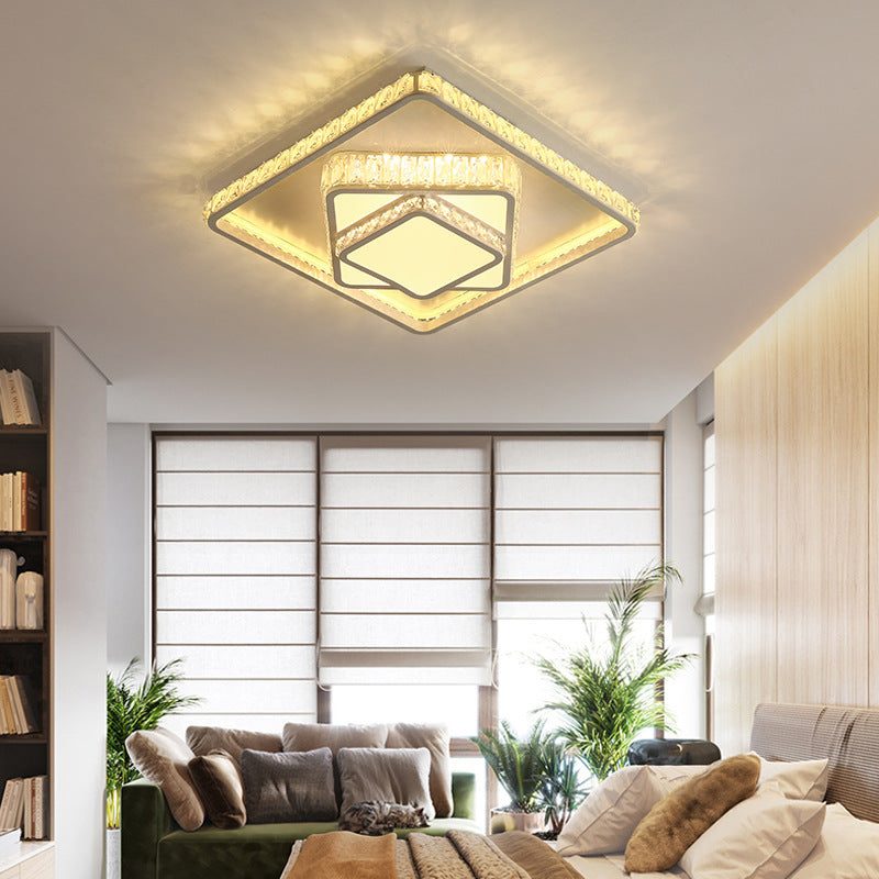 White Rectangle/Square Ceiling Light Minimalist Faceted Crystal White 19.5"/23.5" W LED Flush Mount Light Fixture in White/3 Color/Remote Control Stepless Dimming Light