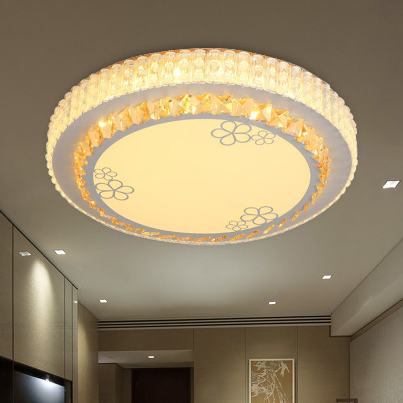 White Round Flush Mount Lamp Simple Crystal LED Bedroom Flush Light with Flower Pattern