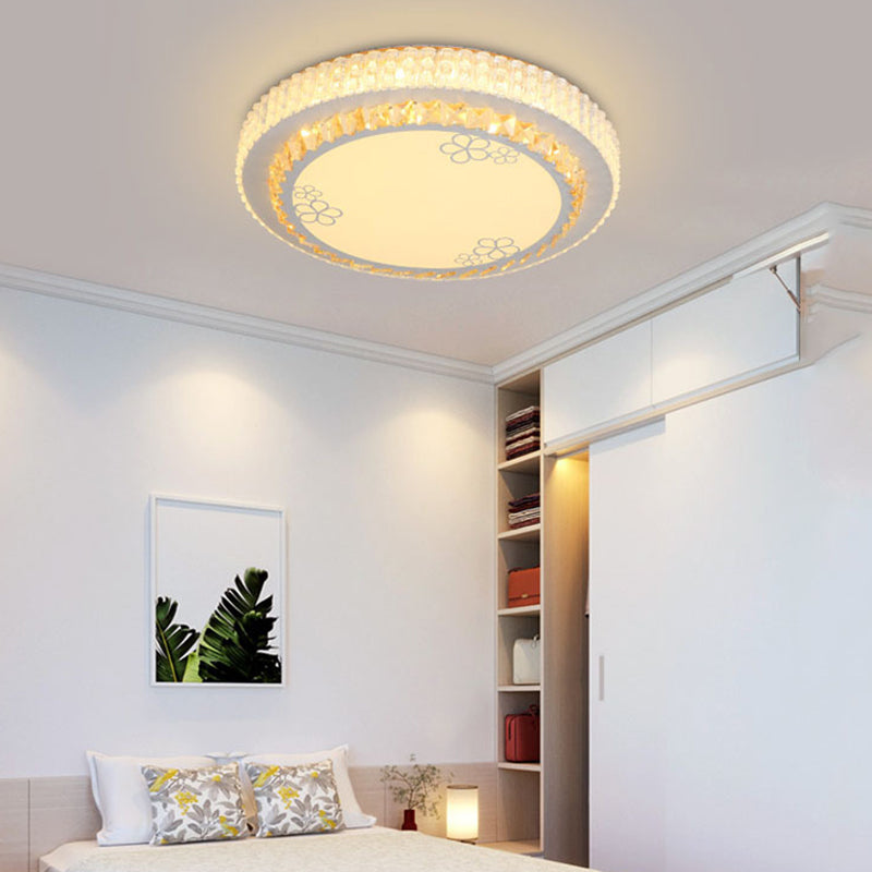 White Round Flush Mount Lamp Simple Crystal LED Bedroom Flush Light with Flower Pattern