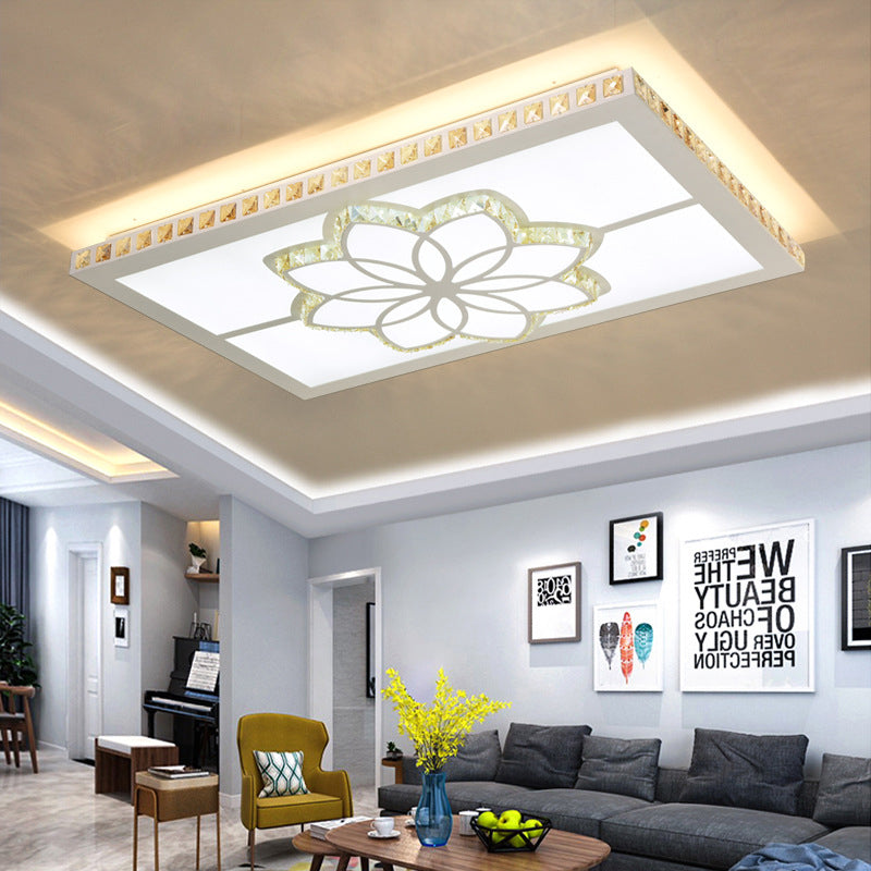 White LED Flush Light Contemporary Crystal Rectangle Ceiling Flush Mount for Living Room in Color Light with Flower Pattern in 3 Color Light