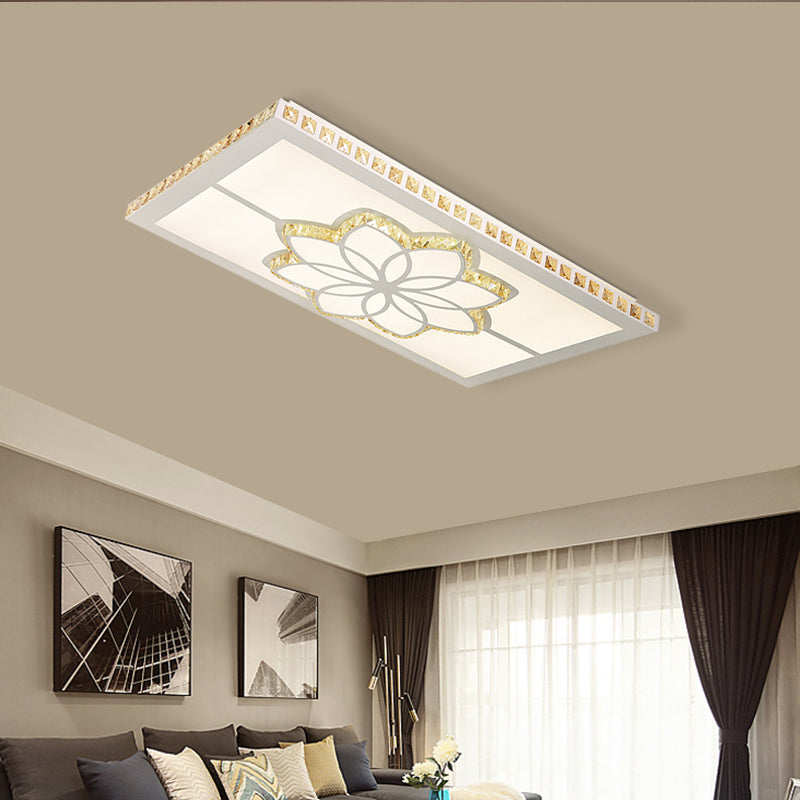 White LED Flush Light Contemporary Crystal Rectangle Ceiling Flush Mount for Living Room in Color Light with Flower Pattern in 3 Color Light