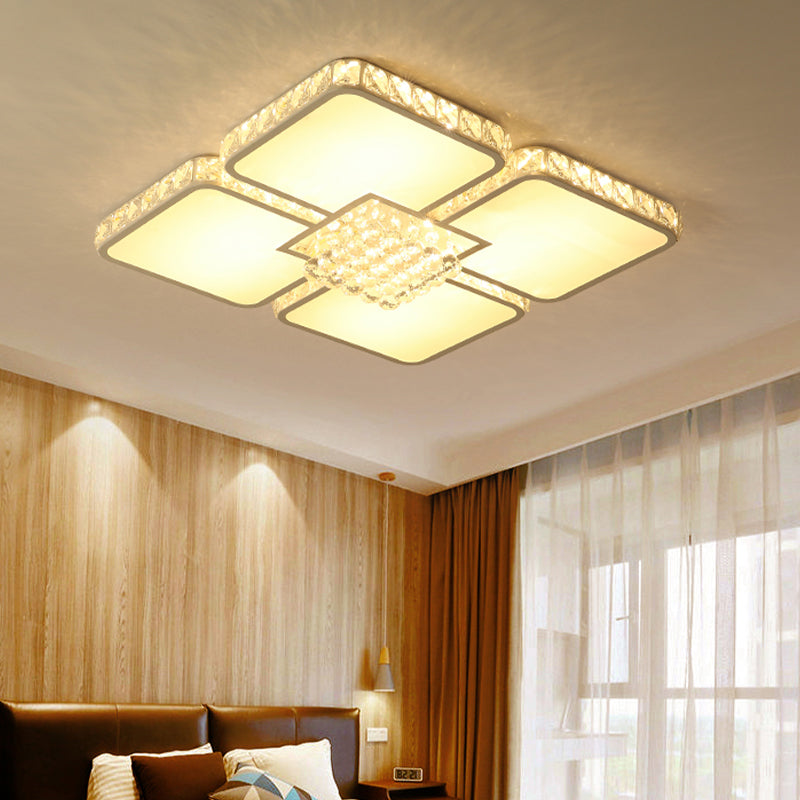 White Square Flush Mount Fixture Modern Crystal LED Bedroom Flush Ceiling Light Fixture in Warm/White Light