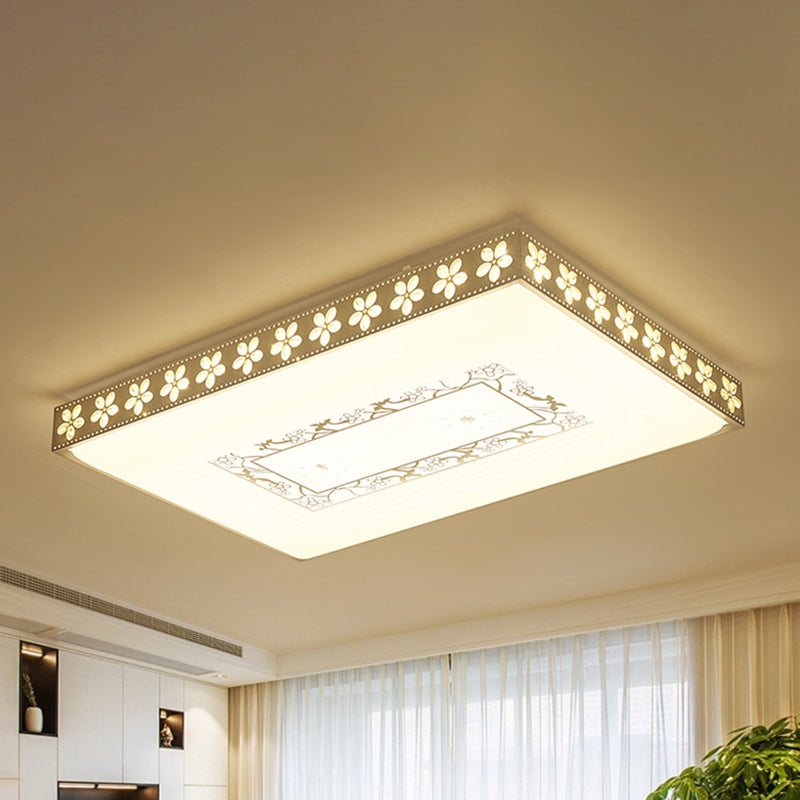 LED Crystal Flush Ceiling Light Simple White Rectangle Living Room Flush Mount Lamp in Warm/White/3 Color Light