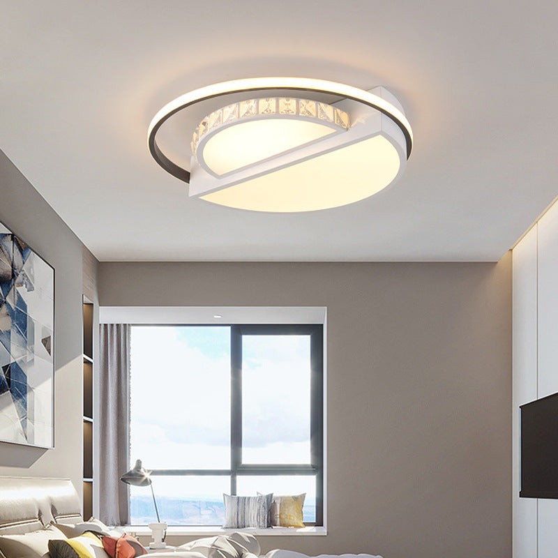 LED Crystal Flush Mount Lighting Fixture Simple White Round Living Room Close to Ceiling Light