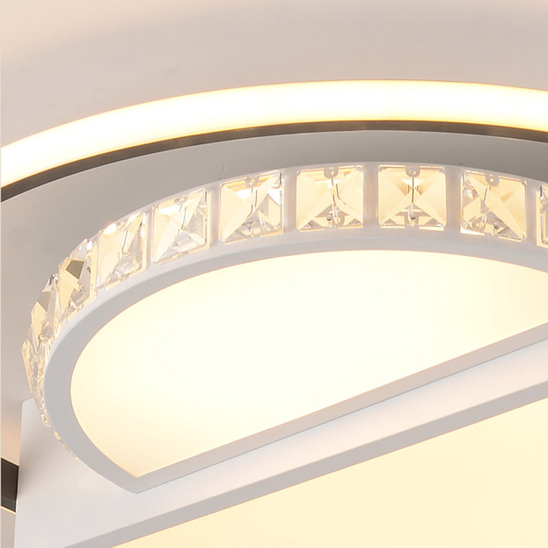 LED Crystal Flush Mount Lighting Fixture Simple White Round Living Room Close to Ceiling Light