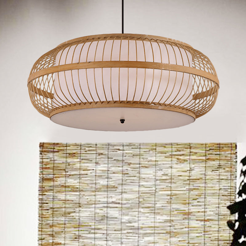 Beige Drum Pendant Lighting Asian Style 1 Light Bamboo Hanging Ceiling Light for Dining Room, 18"/21.5" Diameter