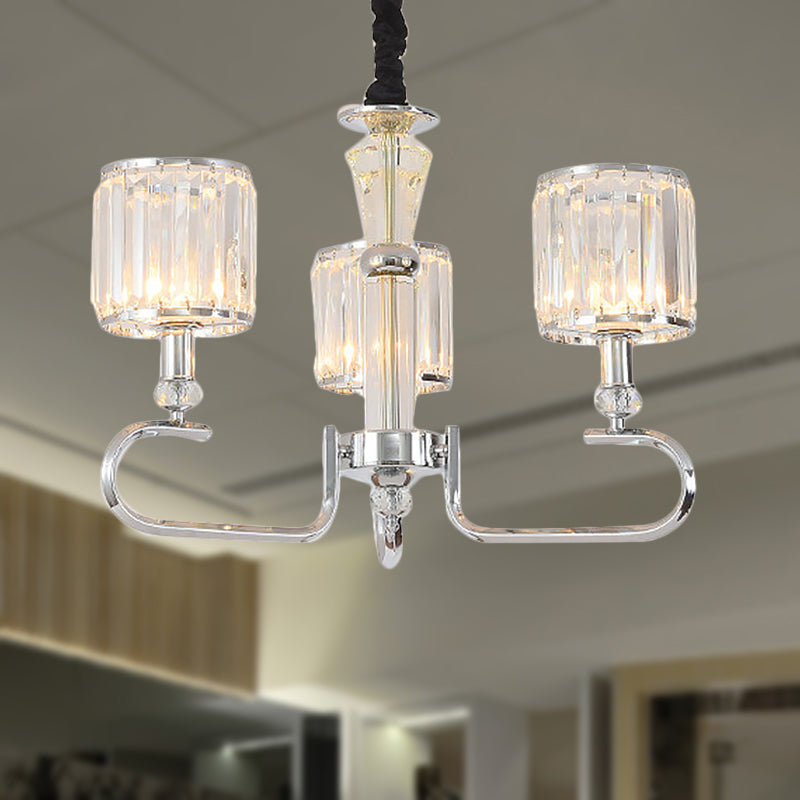 Crystal Rectangle Cylinder Hanging Ceiling Light Contemporary 3/6 Lights Chrome Chandelier Light