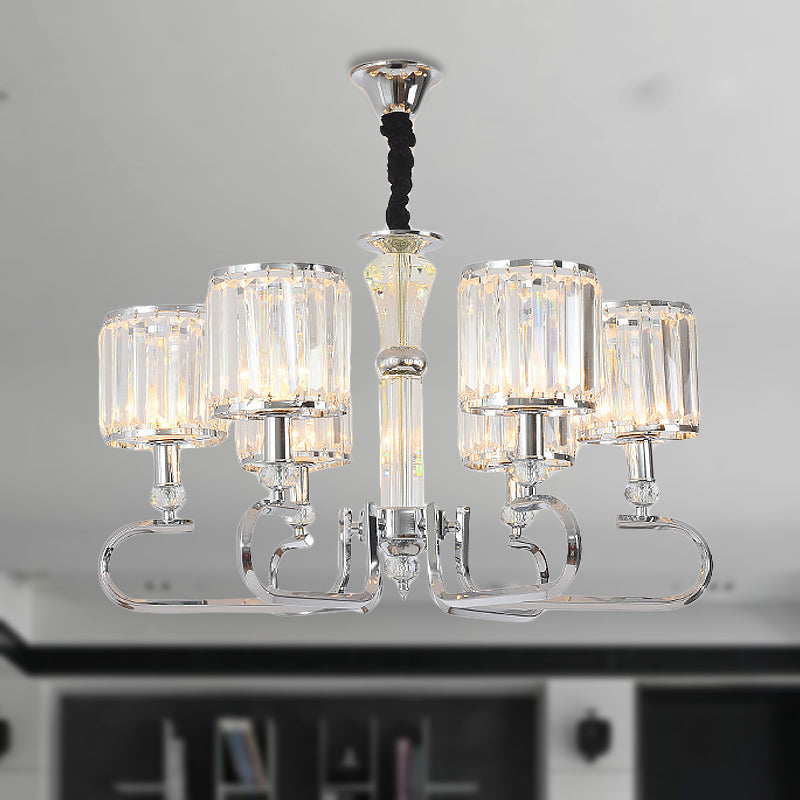 Crystal Rectangle Cylinder Hanging Ceiling Light Contemporary 3/6 Lights Chrome Chandelier Light