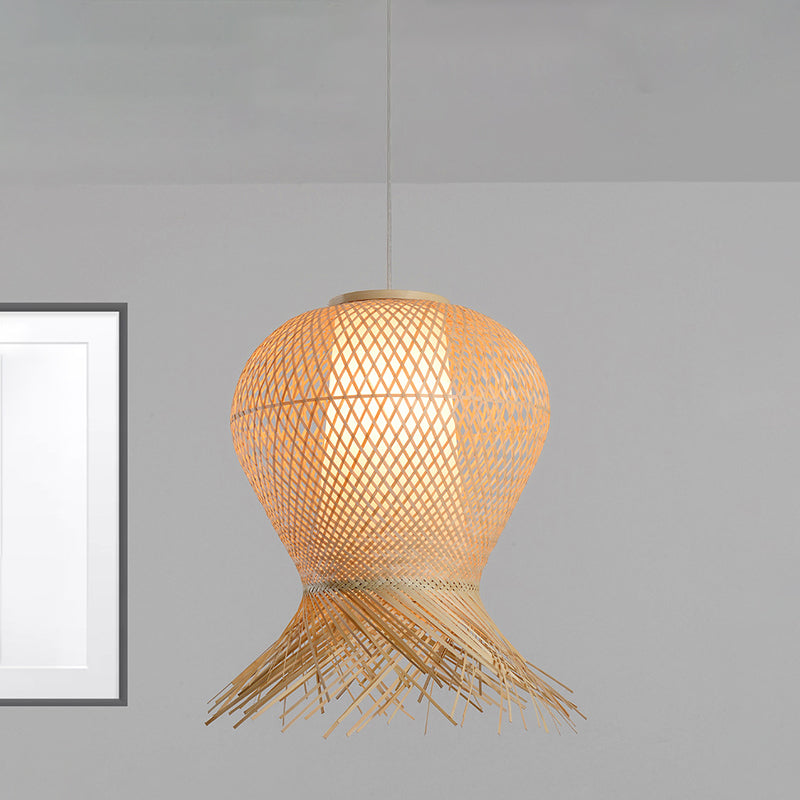 Woven Pendant Lighting Traditional Bamboo 1 Bulb 12"/16"/19.5" Wide Beige Hanging Lamp Kit for Living Room