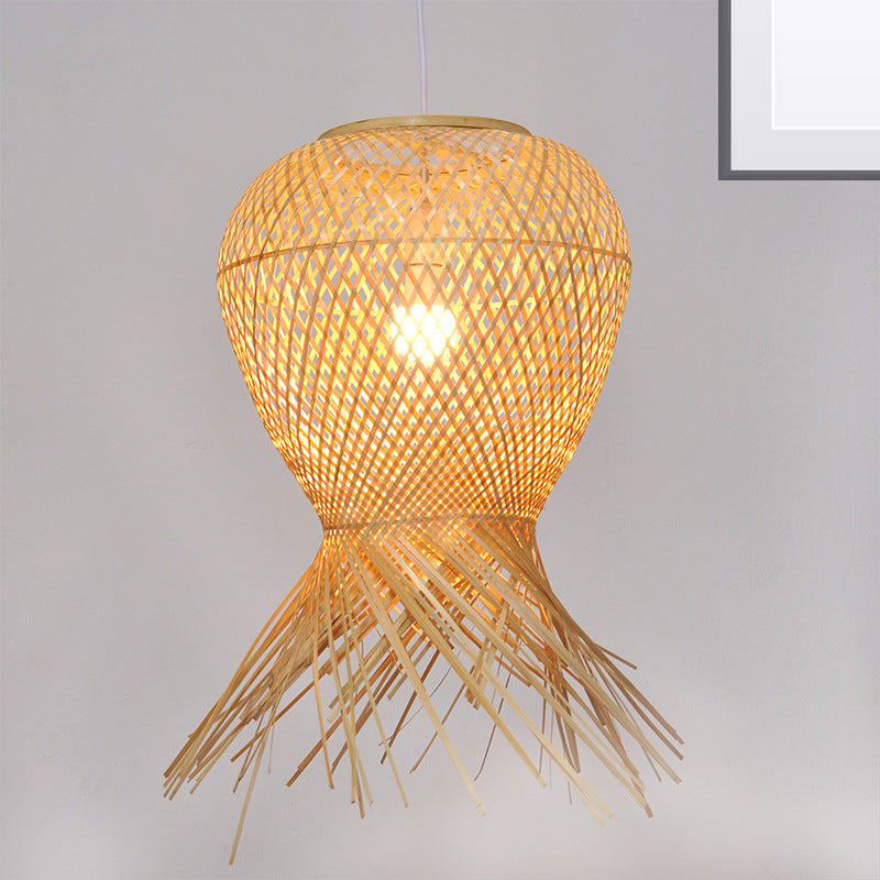 Contemporary Handcrafted Hanging Light Bamboo 1 Bulb Pendant Light Fixture in Beige