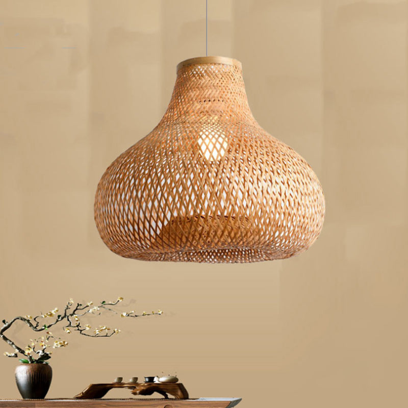 Traditionary 1 Bulb Ceiling Lamp Wood Jar Hanging Pendant Light with Bamboo Shade for Restaurant