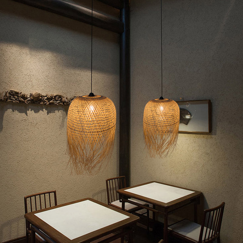 Wood Fringe Hanging Lamp Retro 1 Head Bamboo Ceiling Pendant Light for Restaurant