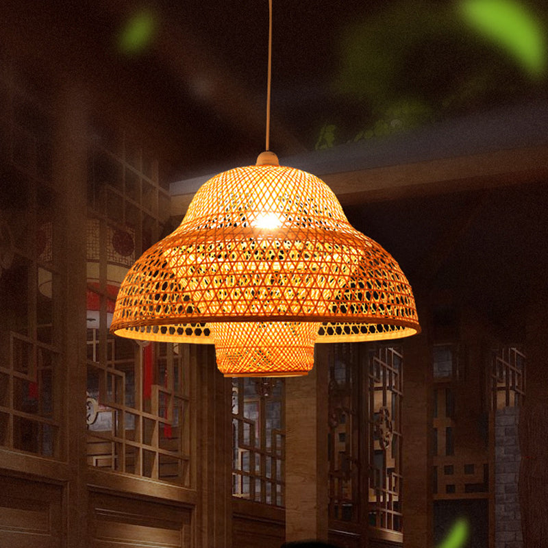 1 Bulb Handmade Pendant Lighting Traditional Bamboo Hanging Light Fixture in Wood