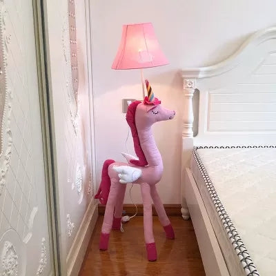 Kinder Schlafzimmer Einhornbodenleuchte mit Glocken Schatten Stoff 1 leichte Cartoon -Stehlampe